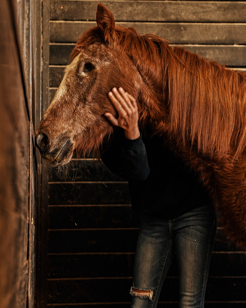 Tahlia Fischer, founder and director of the California-based equine rescue organization All Seated In a Barn, visits rescued horse Big Sexy at the Outlaw Equine Hospital and Rehab Center in Decatur, Texas, on March 4.