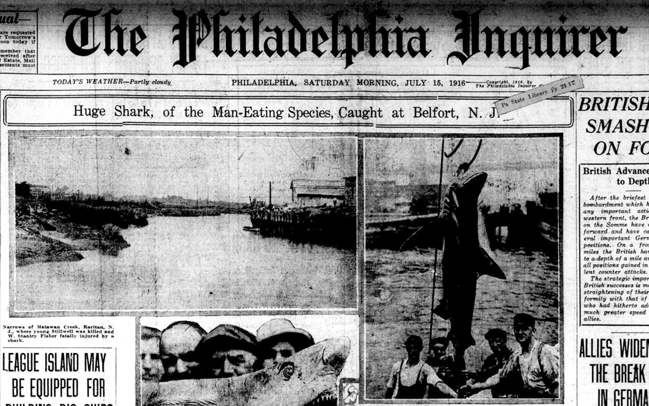 The July 15, 1916 Philadelphia Inquirer. The capture of a shark in New Jersey ended two weeks of panic over a string of attacks, and it changed how many United States residents thought about the predators.