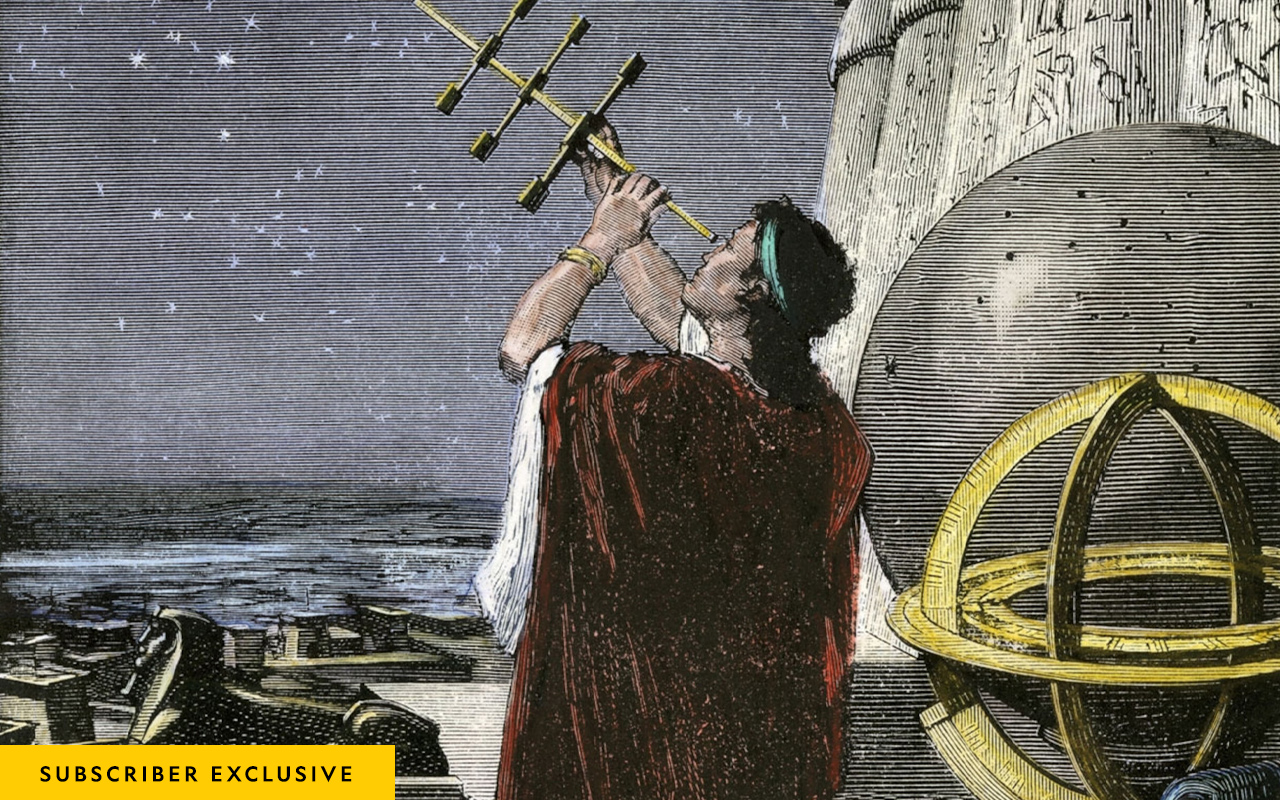 This colored version of a 19th-century engraving depicts ancient Greek astronomer Hipparchus using a sighting tool to measure the positions of the stars.