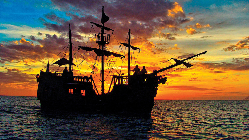 A replica pirate ship cruising the Caribbean Sea near the Dominican Republic