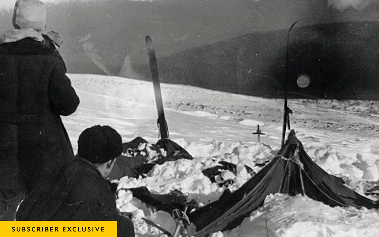 Soviet investigators examine the tent belonging to the Dyatlov Pass expedition on February 26, 1959.