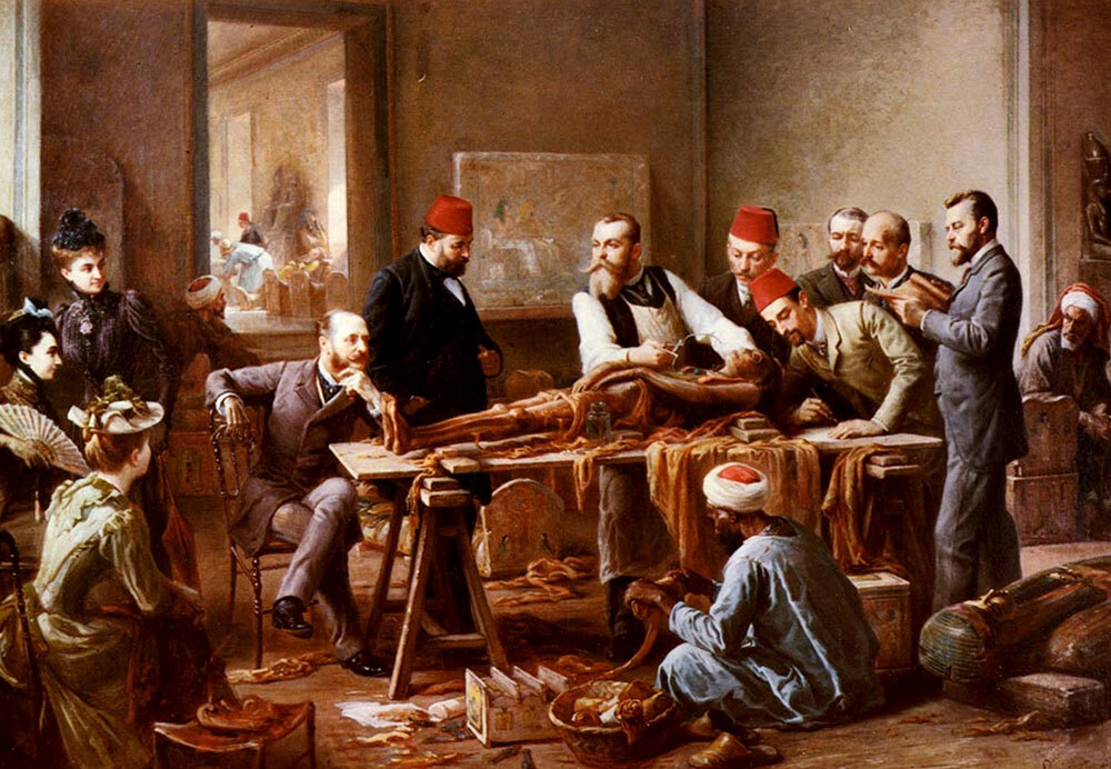 a painting showing a group of people inspecting a mummy lying on a table