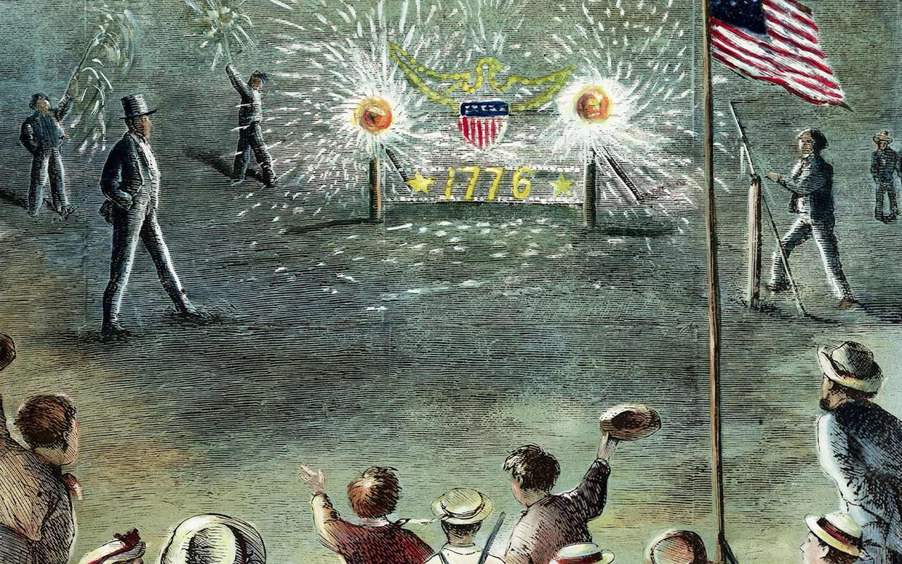 Americans watch fireworks in the countryside.