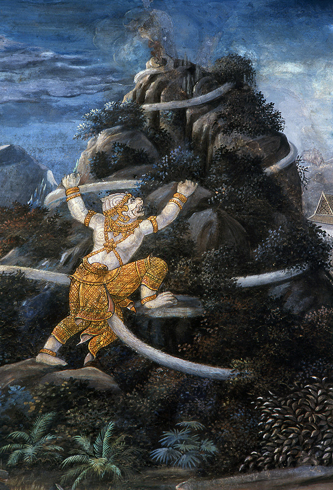 A mural of Hanuman searching for rare herbs to cure Lakshmana