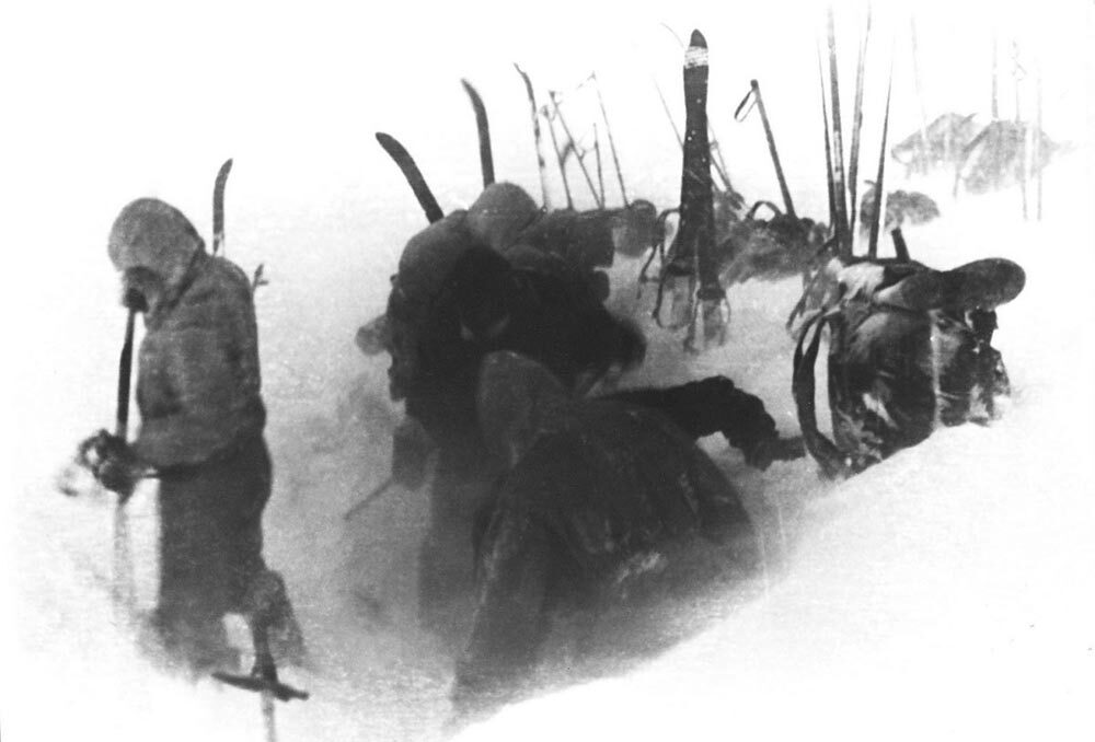 Film recovered from the scene shows the last photograph taken by the Dyatlov team members cutting the snow slope to erect their tent.