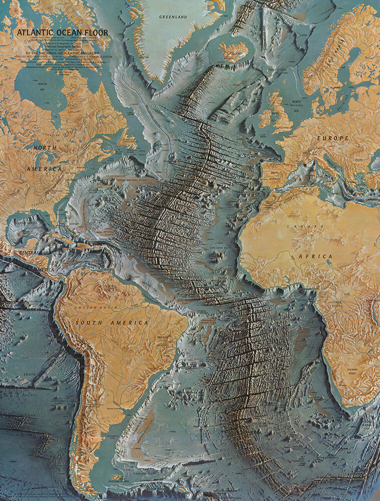 A vintage map of the Atlantic ocean floor