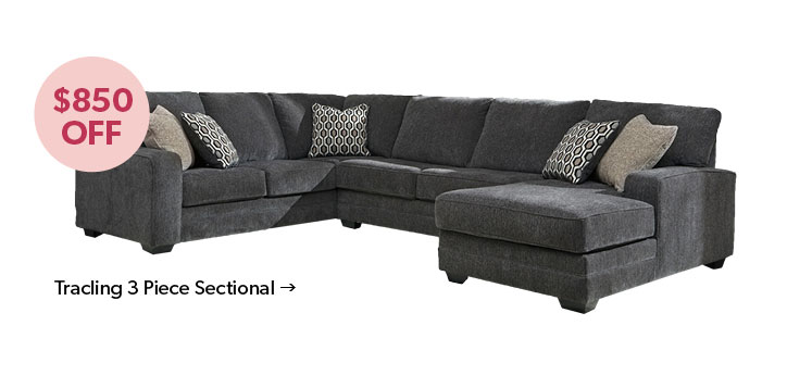 850 dollars off. Featured Tracling 3 Piece Sectional. Click to Shop.