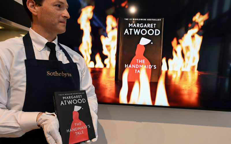 A unique single-copy “unburnable” edition of Margaret Atwood's The Handmaid’s Tale at Sotheby's on June 3, 2022, in New York City. This fireproof edition of the often-banned book was created to raise awareness about the proliferation of censorship.