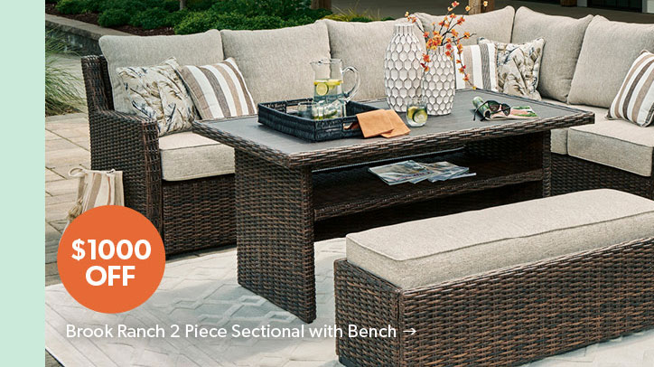 Featured Brook Ranch 2 Piece Sectional with Bench. 1000 dollars OFF. Click to Shop Now.