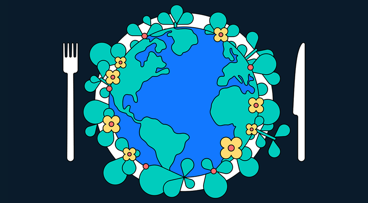 An illustration of planet Earth with flowers and green plants growing around the edge. The globe sits on an image of a dinner plate, with a fork and knife to the left and right of the plate.