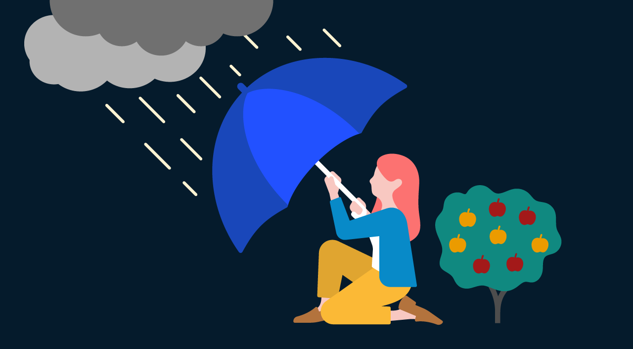 An illustration of a woman kneeling on the ground, holding up an umbrella to block falling rain. On the right side of the woman, a healthy apple tree sways back and forth.