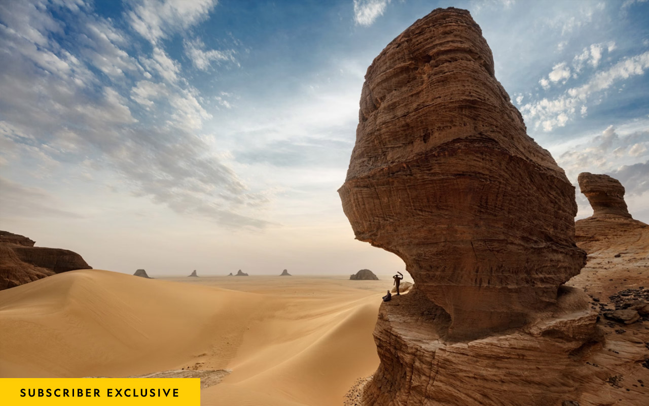 Ennedi Reserve, CHAD Deep in the northeastern Sahara, the severe sandstone towers of the Ennedi plateau shield water holes, oasis vegetation, beleaguered wildlife, and ancient petroglyphs on canyon walls.