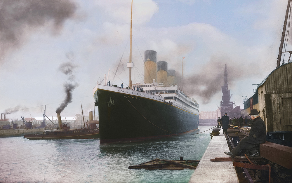 In this photograph, colorized by artist Anton Logvynenko, the Titanic sets sail from the docks of Southampton, England.
