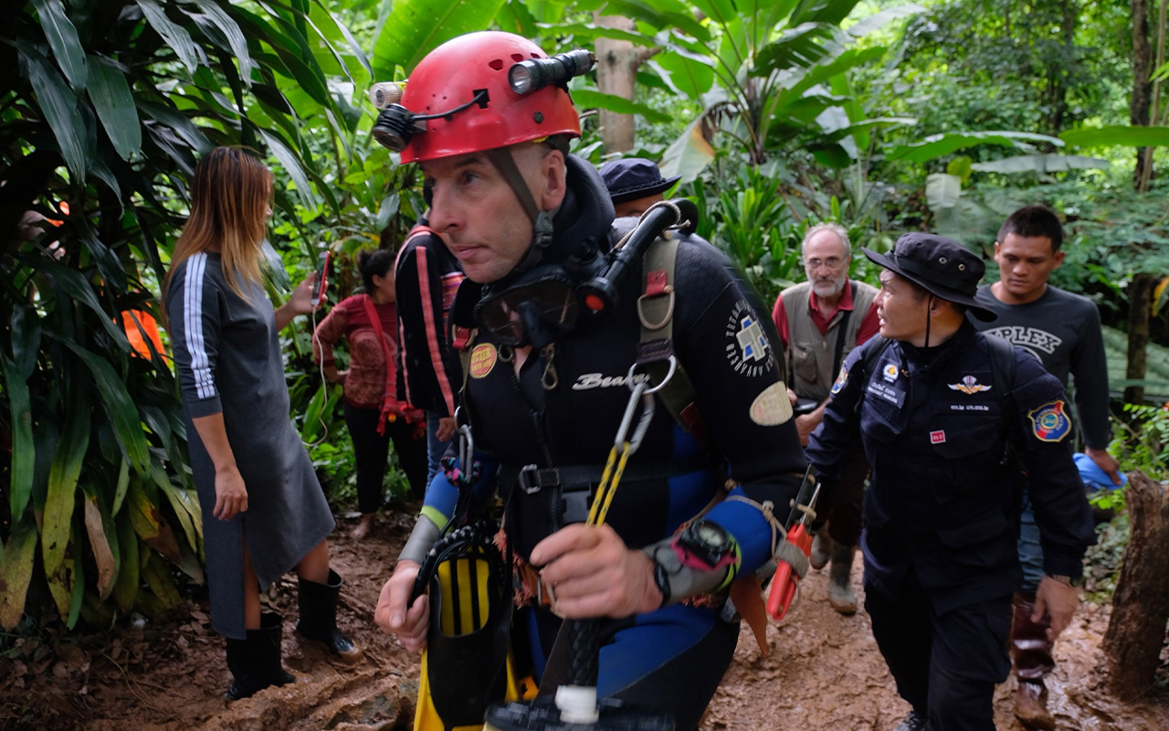 British cave-diver Richard Stanton walks out from Tham Luang Nang Non cave in northern Thailand during the search for 12 members of a boys’ soccer team and their coach who were stranded in the flooded cave for 18 days in 2018.