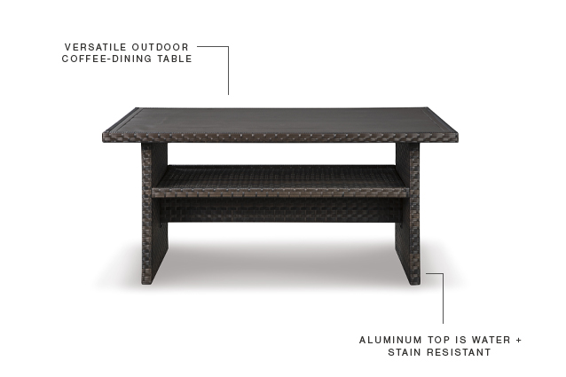 versatile outdoor coffee-dining table - aluminum top is water + stain resistant