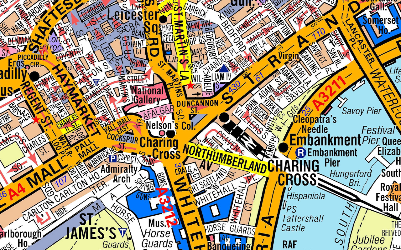 Charing Cross, the famous intersection at the center of London, is left of center in this detail from the A-Z atlas.