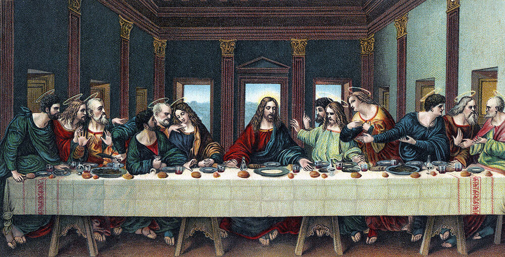 This image based on Leonardo Da Vinci's "Last Supper" shows Jesus Christ and the Twelve Apostles