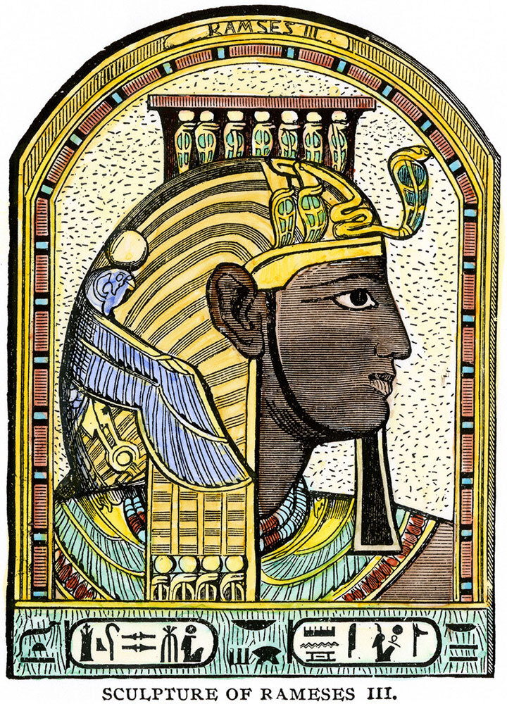 A 19th century illustration painted with bright greens, yellows, reds, blues, and browns depict a sculpture of Ramses III