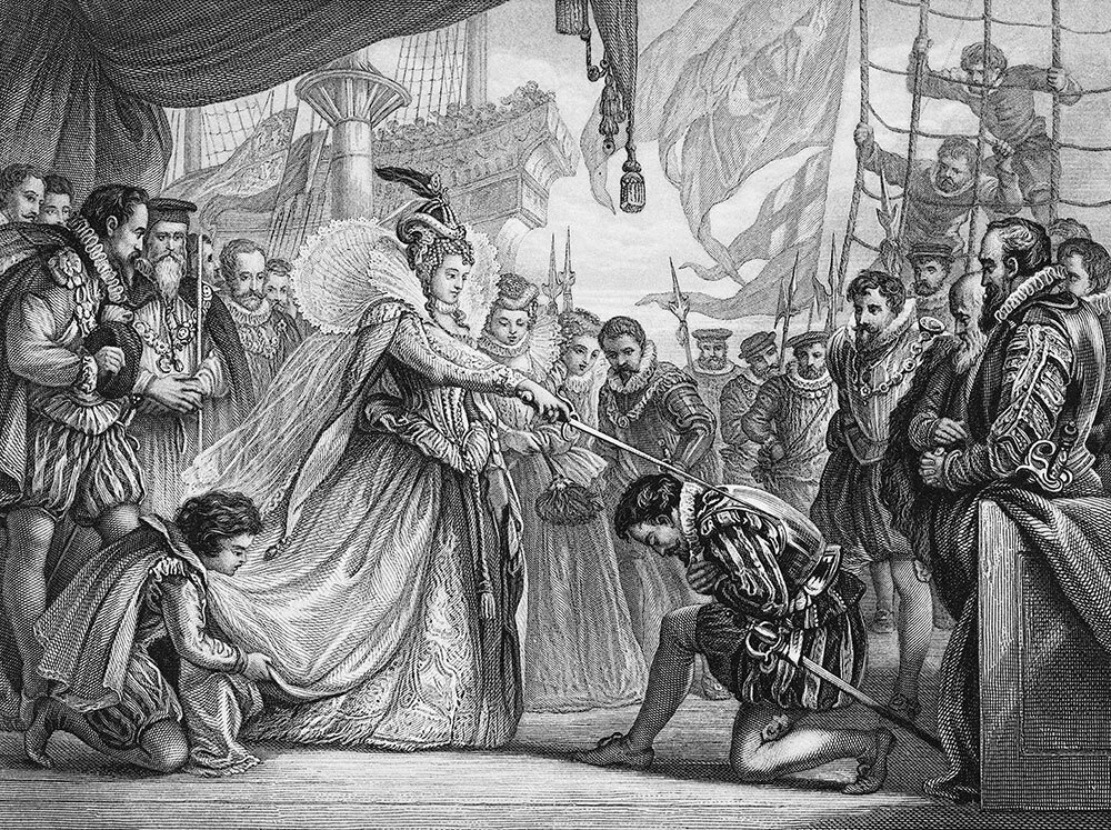 An engraving of Queen Elizabeth I knighting Sir Francis Drake