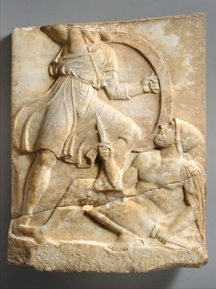 Memorial stone slab depicting a battle scene with a stele, a man in the foreground holds a knife