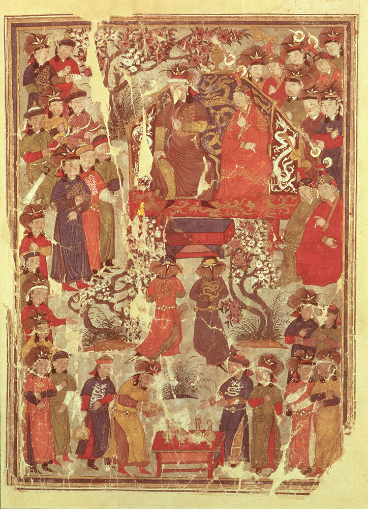 Genghis Khan and his wife Börte sit on their thrones before courtiers in this artistic rendering from the book Jami' al Tawarikh (Universal History) by Rashid ad-Din.