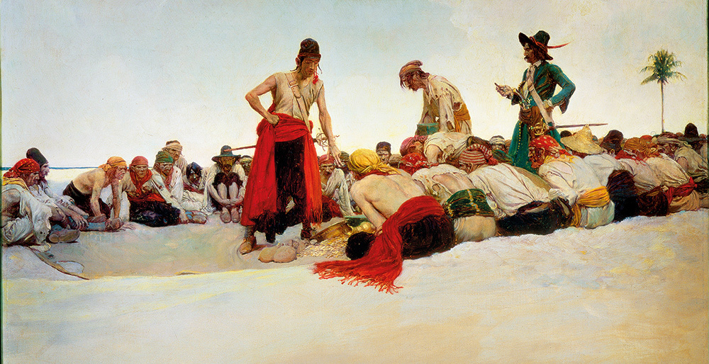 A band of pirates divides up their loot after returning to a safe harbor, as imagined in vivid color by 19th-century artist and author Howard Pyle