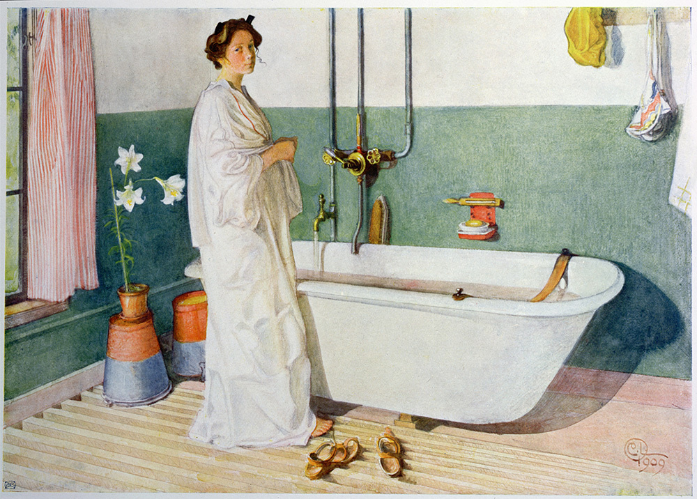 A woman with pale skin in a bathrobe in front of a tub