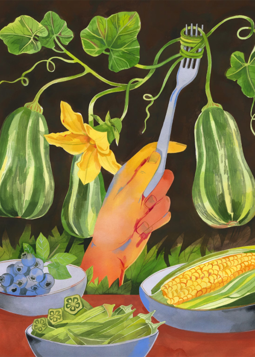 To depict the notion of U.S. blue zones, artist Luisa Rivera says she “focused on the subject’s hand as a gesture of reclaiming ancestral foods, while the eating habits are symbolized by the fork.” She included native vegetables, fruits, and plants “as a way to recognize the roots and growing aspects of food