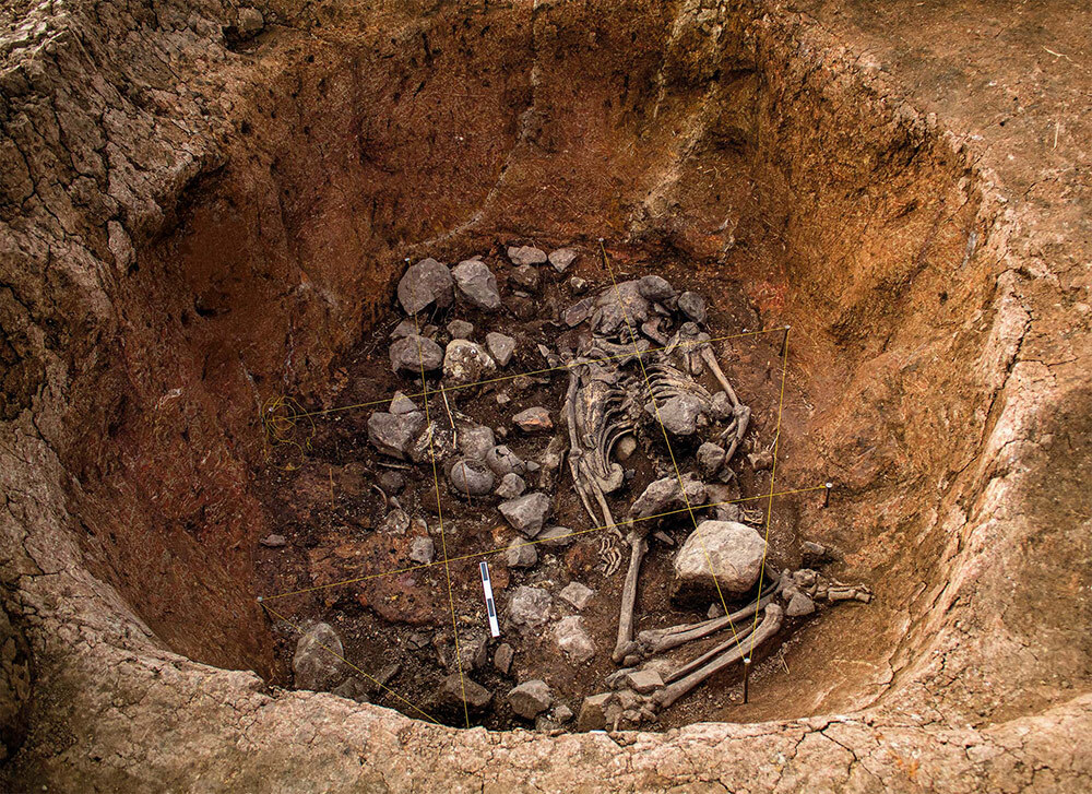 An overhead view of the remains in. the burial at Pcopampa