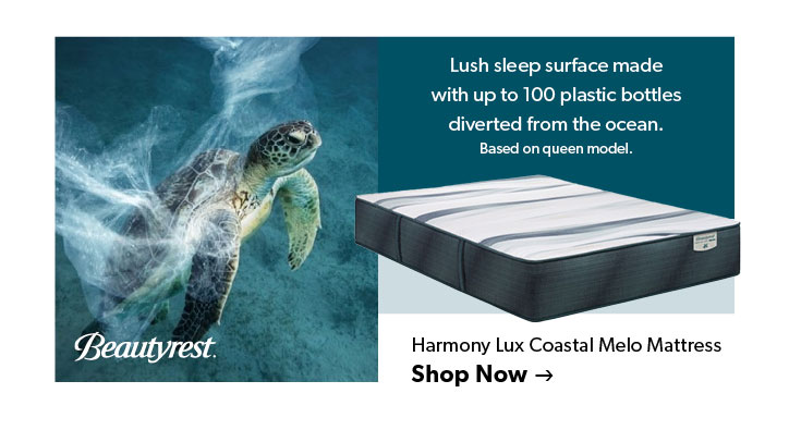 Beautyrest Harmony Lux Coastal Melo Mattress. Lush sleep surface made with up to 100 plastic bottles diverted from the ocean. Click to shop now.