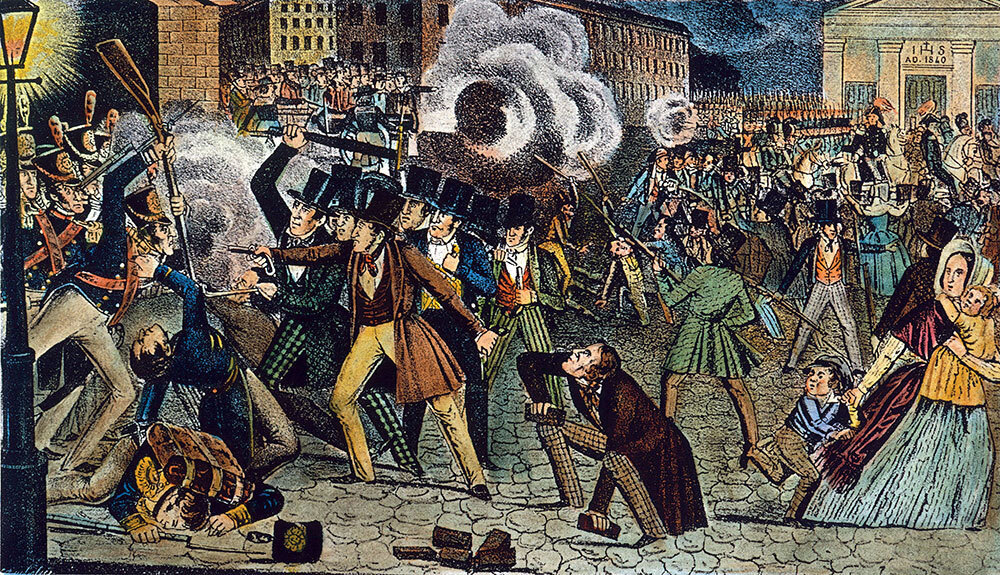 An illustration of men fighting in the streets