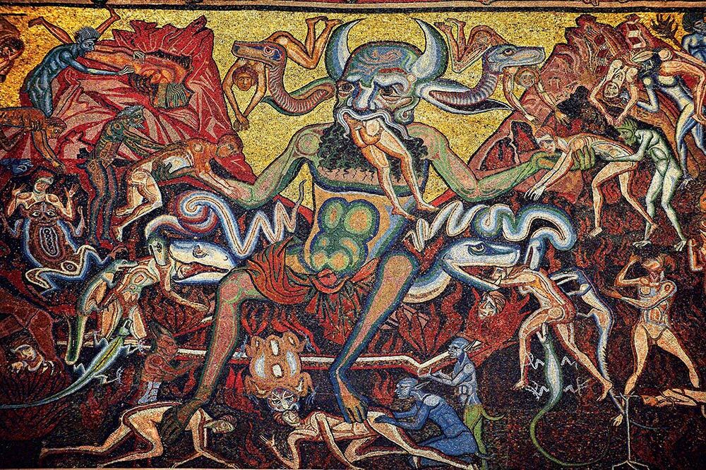 Seated on a fiery throne, Satan devours a damned soul in this detail from 13th-century mosaics adorning the Baptistry of Florence, Italy.