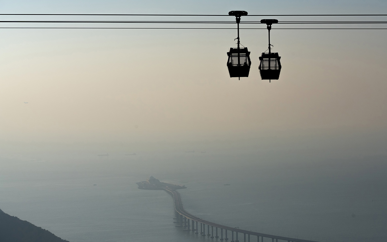 The Ngong Ping cable car in Hong Kong offers riders views of the stretch of the South China Sea.