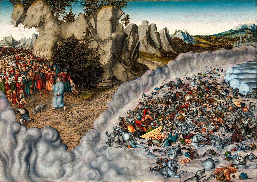 A painting depicting Moses and the Red Sea