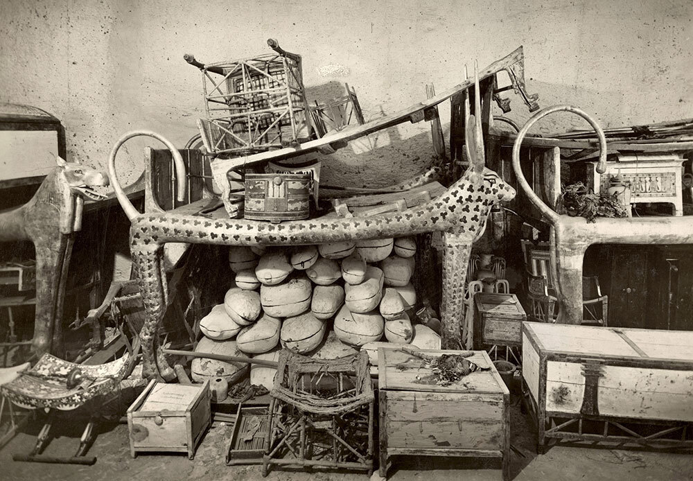 A black and white picture of items from King Tut's tomb