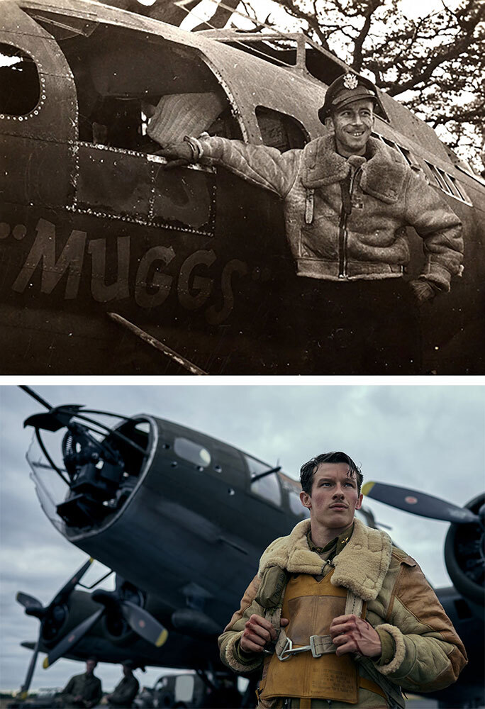 Top: Maj. John C. "Bucky" Egan, a pilot of the 100th Bomb Group, poses with a B-17.Bottom: Actor Callum Turner plays Egan in Masters of the Air. He says that the miniseries' attention to detail—from the insignias on his uniform to his shearling jacket—helped him portray Egan more truthfully.