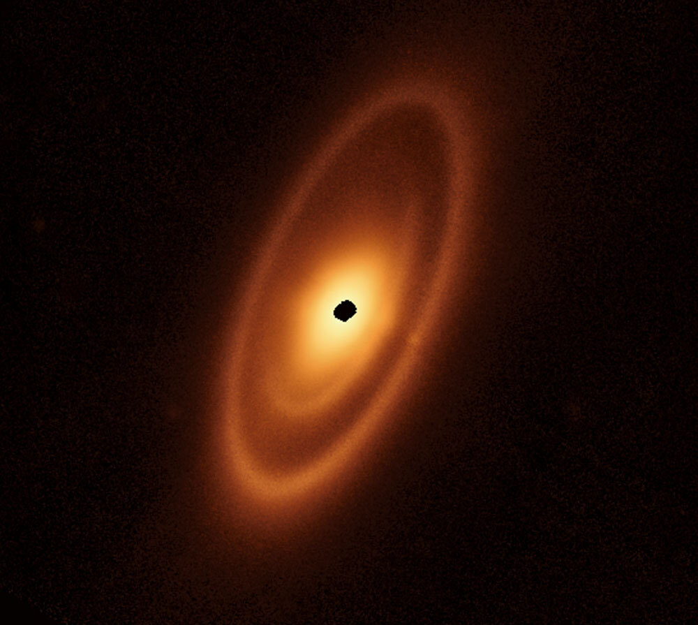 A photo of an orange disk made of debris revealing three asteroid belts surrounding a young star