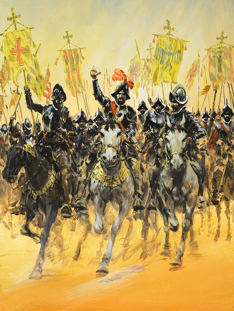 Spanish conquistadors charge in this gouache painting. The seasoned soldiers are known for their exploration and consequent violence in the New World.