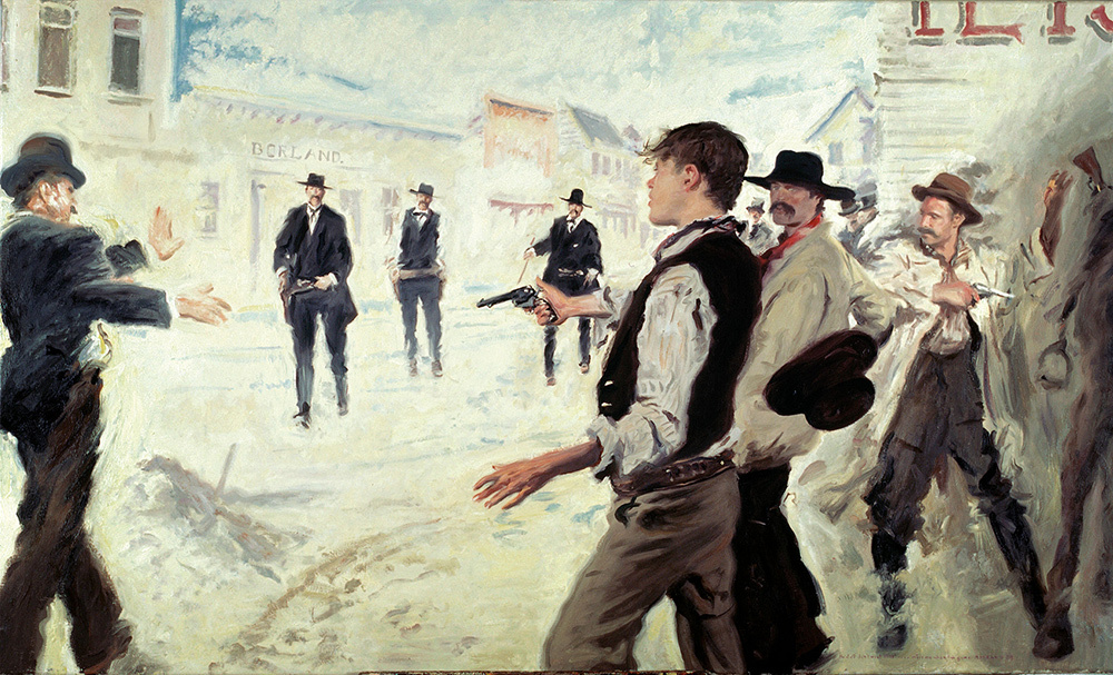 A painting of men drawing guns at each other