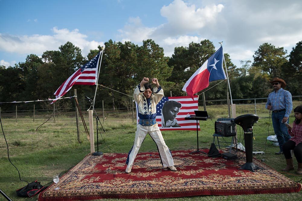 Airaj Jilani, a retired oil-and-gas project manager from suburban Houston, performs as Elvis Presley.