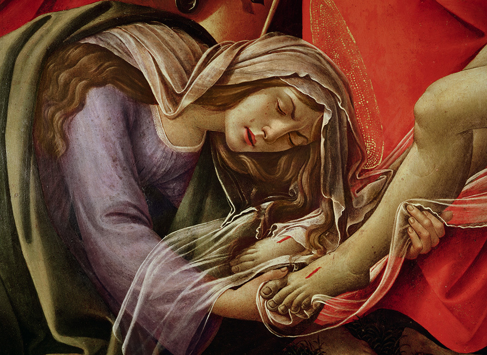 The Lamentation of Christ, detail of Mary Magdalene and the Feet of Christ, c. 1490, (oil on panel) by Botticelli, Sandro