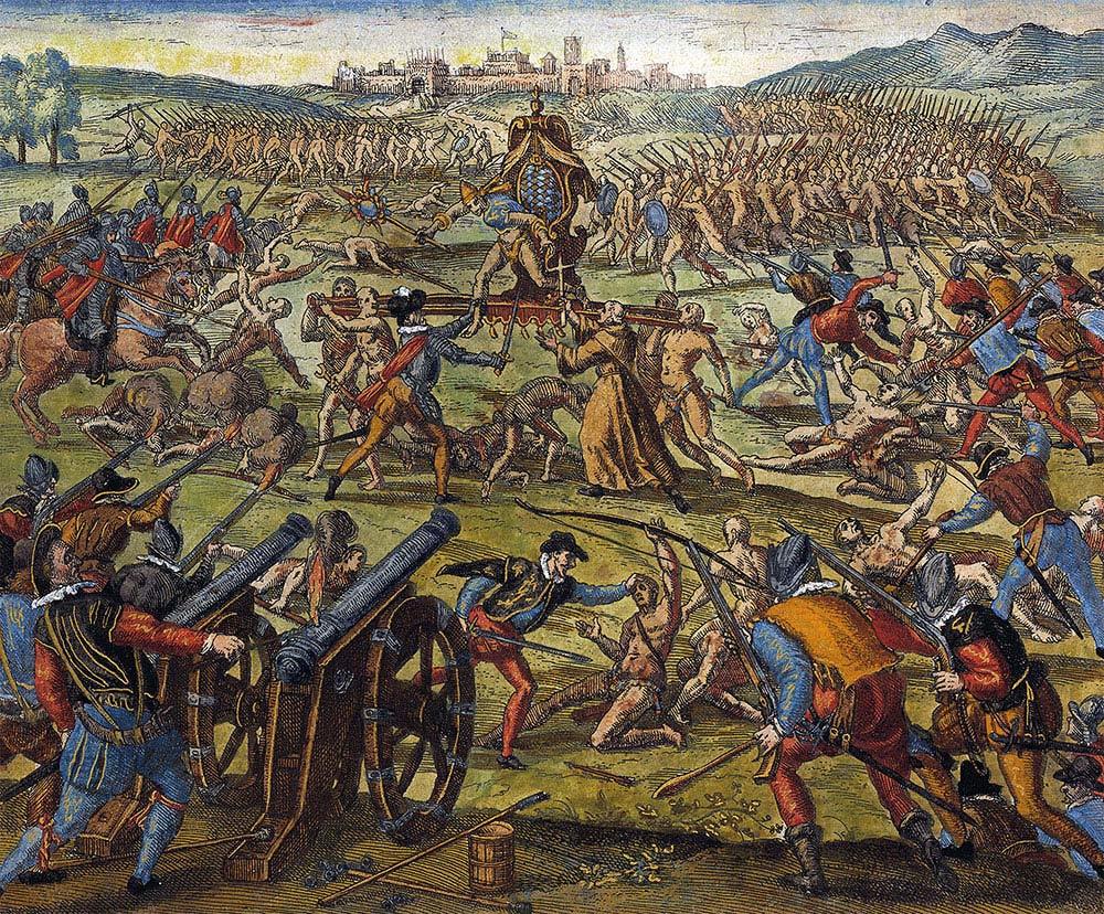 A painting of Spanish colonizers and Inca fighting