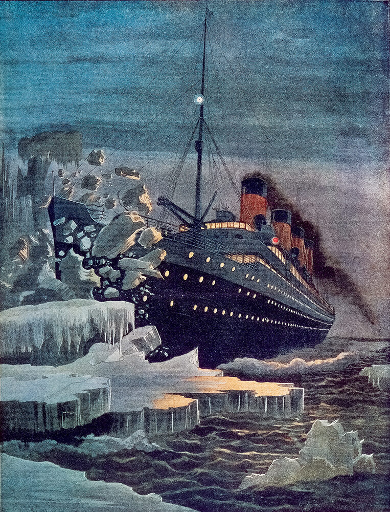 An artists rendering of the Titanic hitting an iceberg