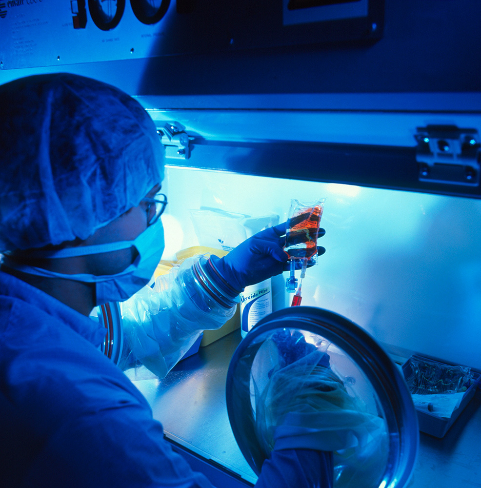 Male pharmacist injecting doxorubicin into an intravenous (IV) drip bag in the cytotoxic unit of a hospital cancer ward