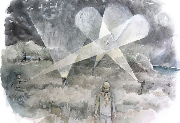 McBride created this watercolor—featuring her in the foreground—after helping researchers on New Zealand's Little Barrier Island capture New Zealand storm petrels, thought extinct until 2003.