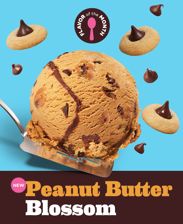 Scoop of Peanut Butter Blossom ice cream "New Flavor of the Month Peanut Butter Blossom"