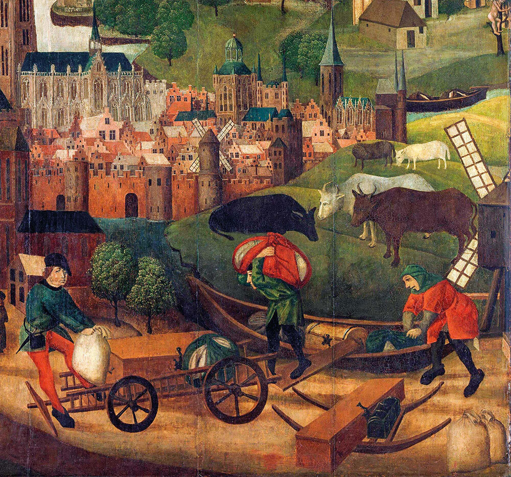 A painting of men carrying goods in front of a town with a large cathedral