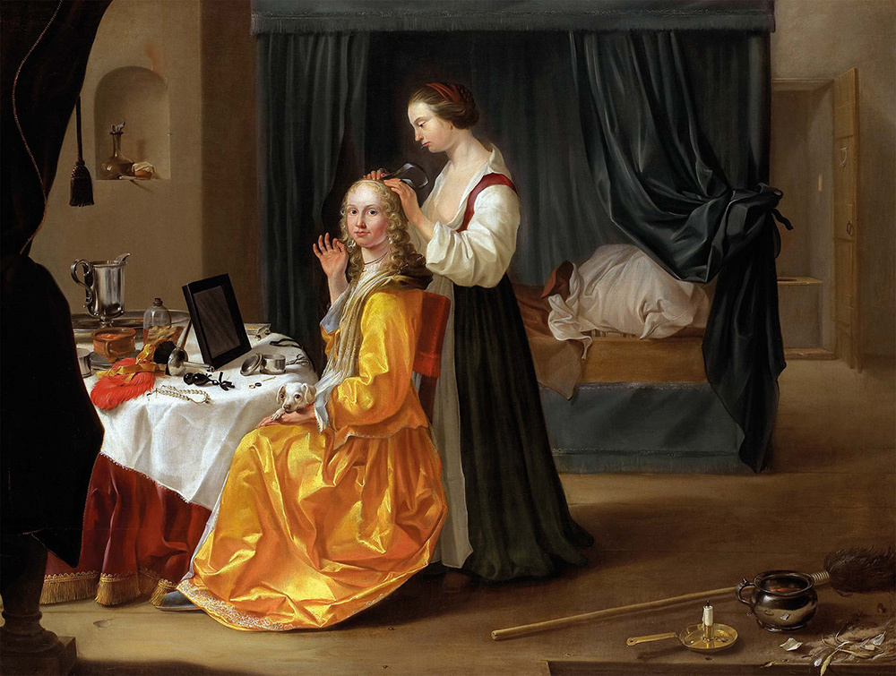 A 17th-century painting of a Spanish woman having her hair done