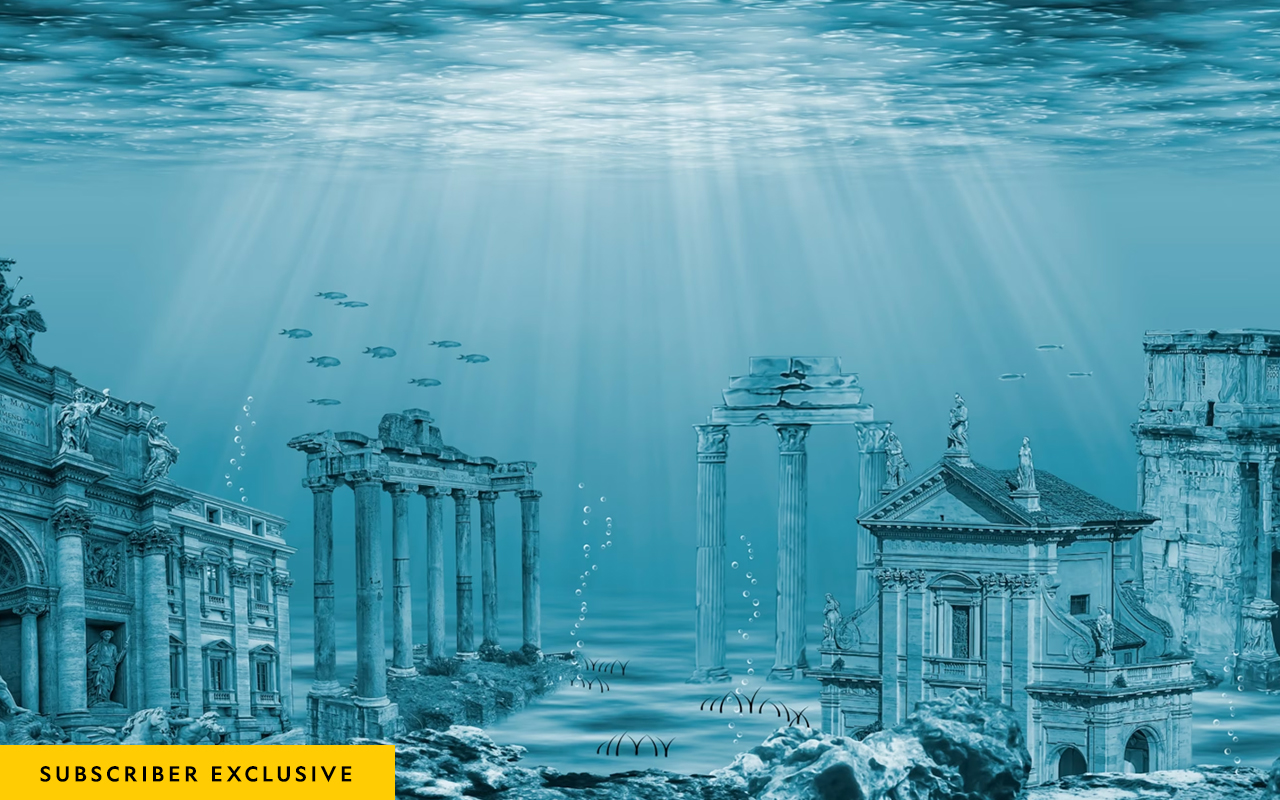 Illustration of city with columns and buildings underwater.