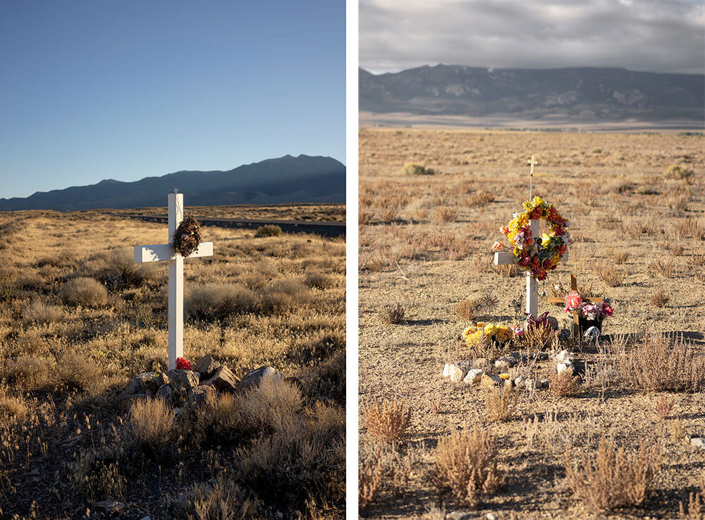 flower-draped crosses